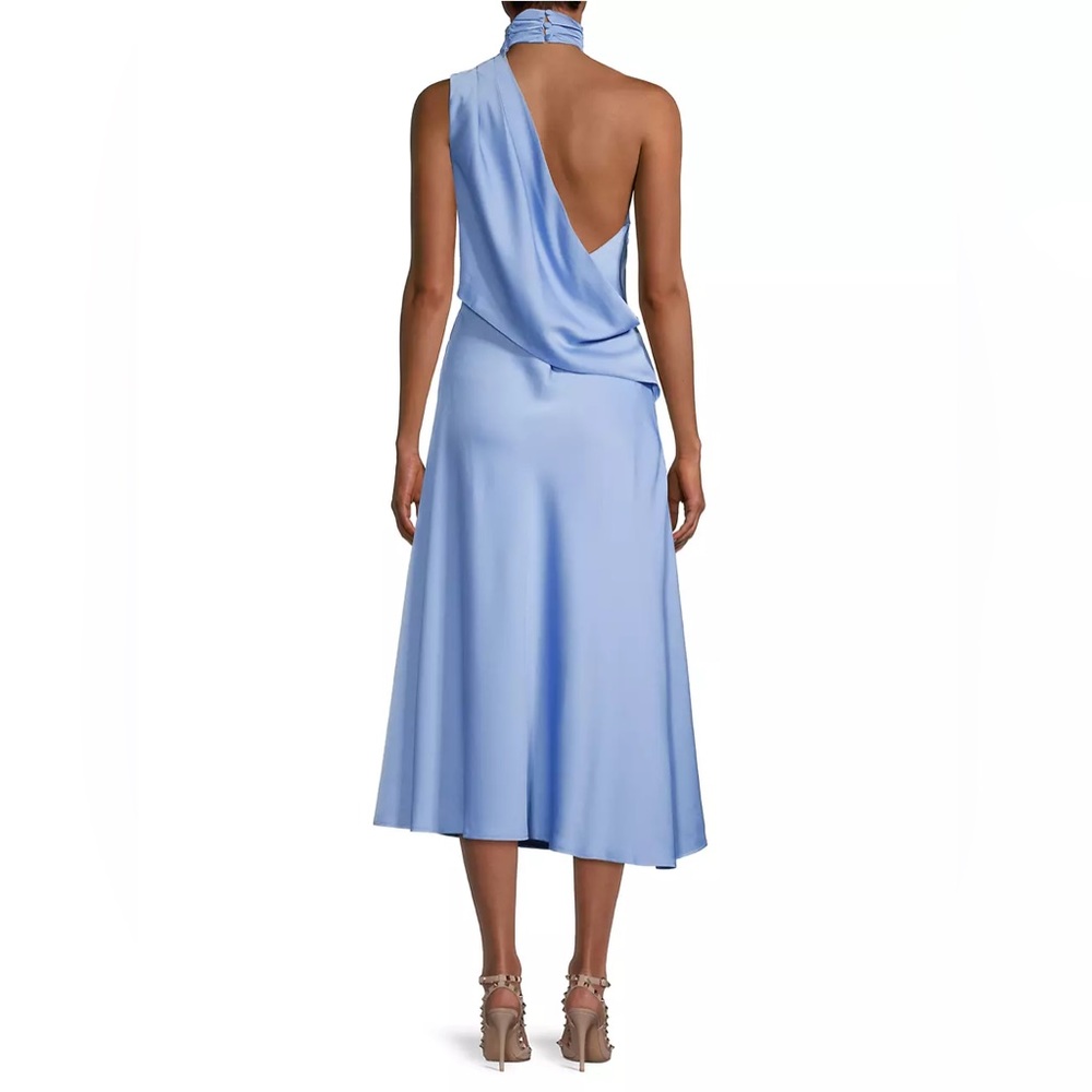 NWT Misha Rosanna Halter-Neck Midi-Dress slit cornflower blue satin ruched